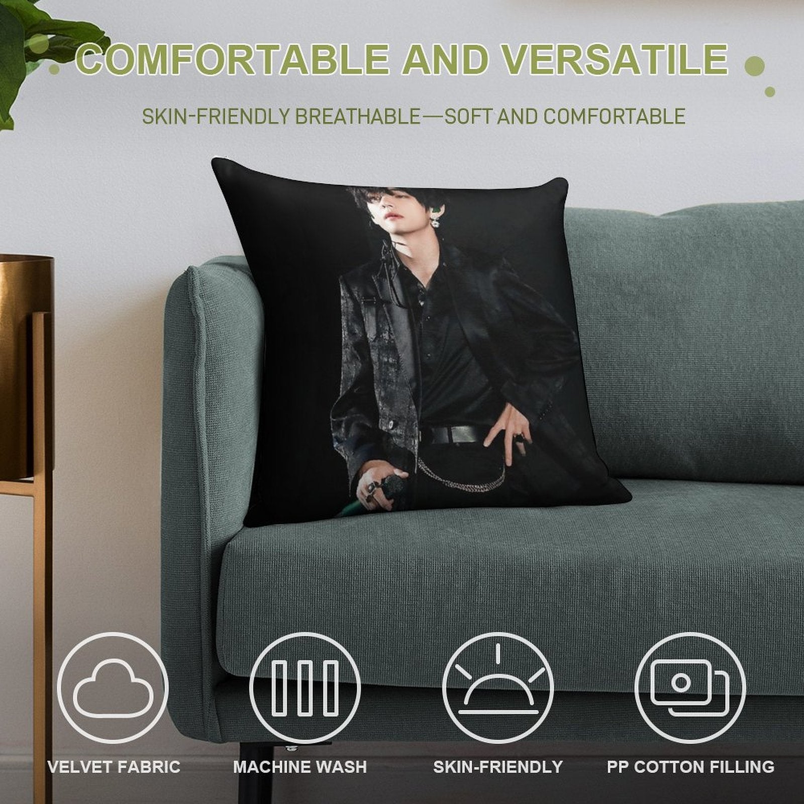 V in All Black Soft Hidden Zipper Throw Pillow