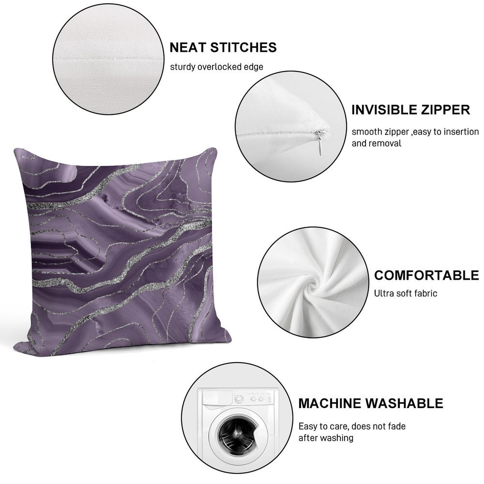 Lavender Agate Silver Glam #1 (Photo of Glitter Only - Not Reflective) Soft Hidden Zipper Throw Pillow