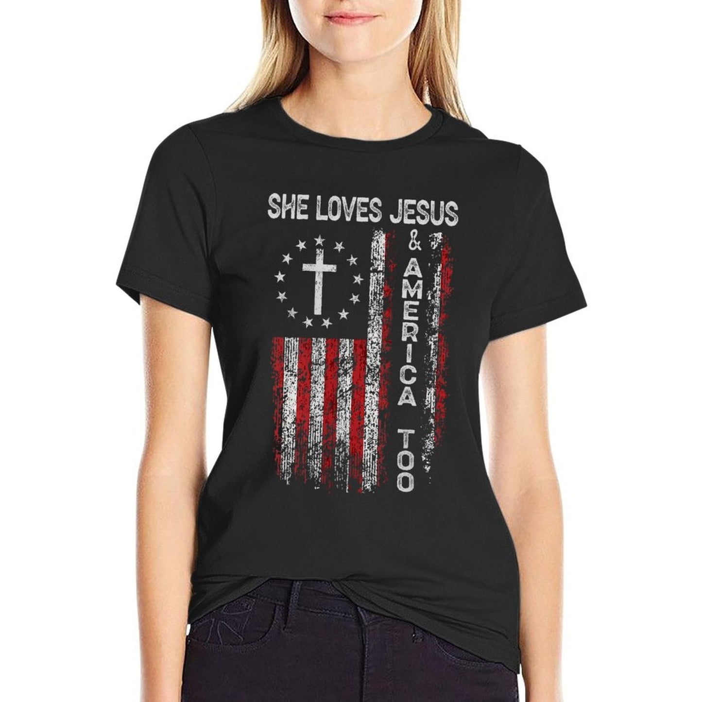 Womens She Loves Jesus And America Too Women USA  Affordable Price T-Shirt