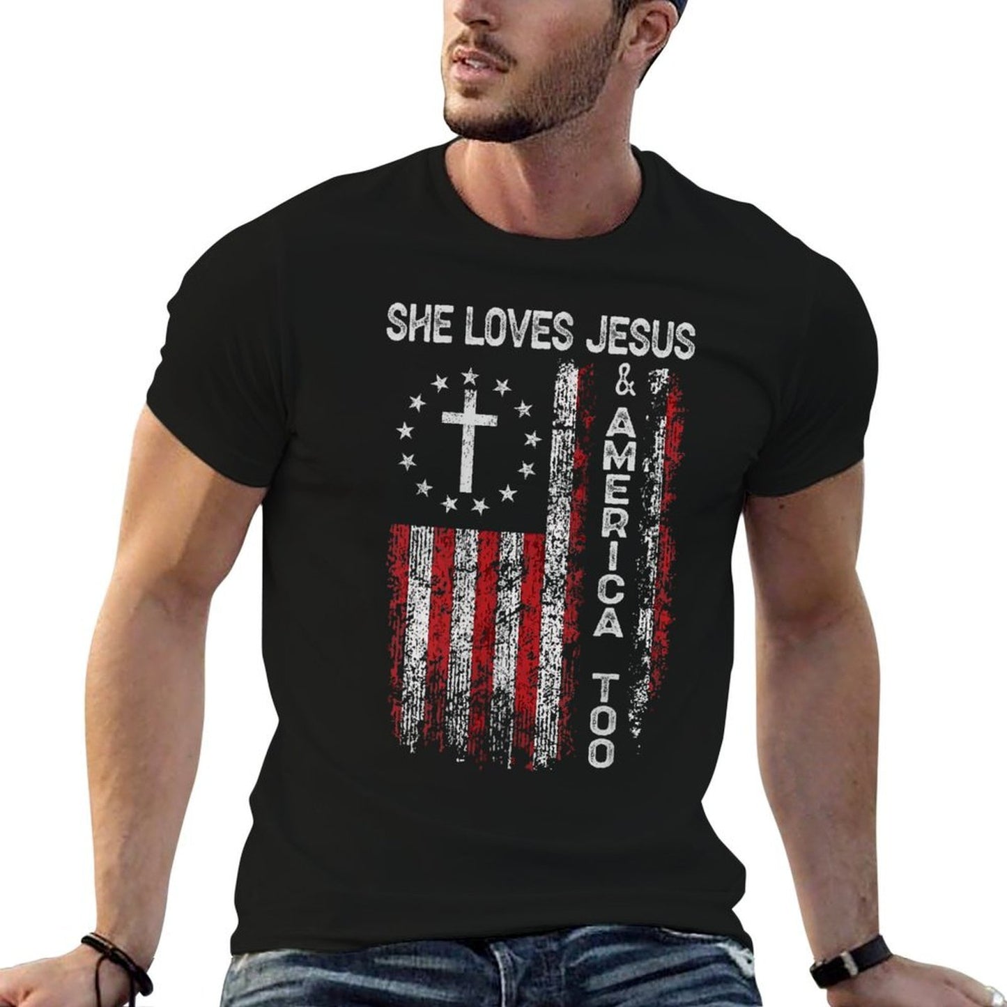 Womens She Loves Jesus And America Too Women USA  Affordable Price T-Shirt