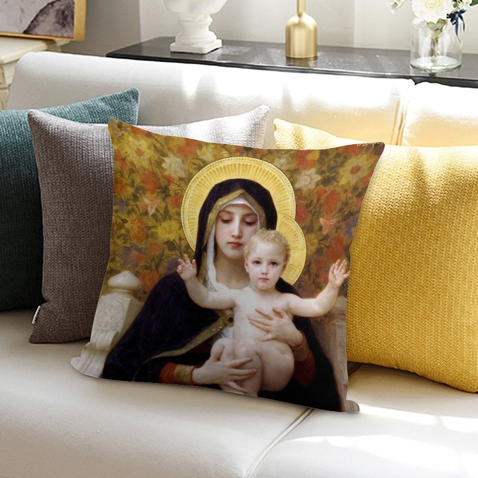 Our Lady Virgin of The Lilies, Bouguereau Soft Decorative Cover Throw Pillow