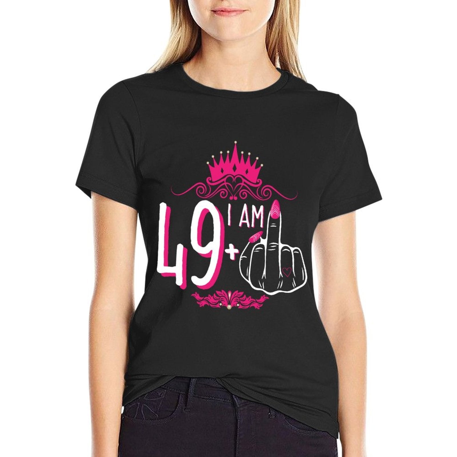 I Am 49 Plus 1 Middle Finger Pink Crown Women 50th Birthday  Polyester Blend T-Shirt