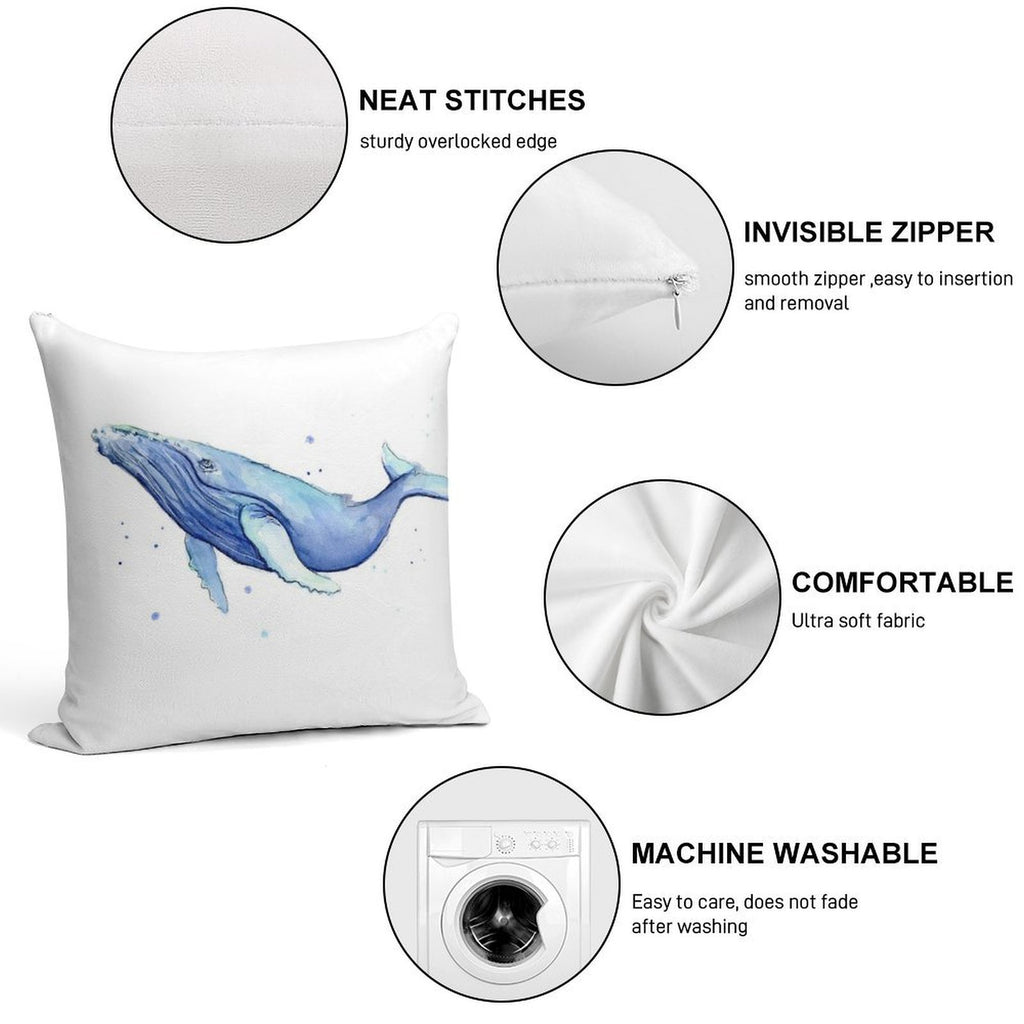 Humpback Whale Blue Watercolor Painting Soft Reinforced Edging Throw Pillow