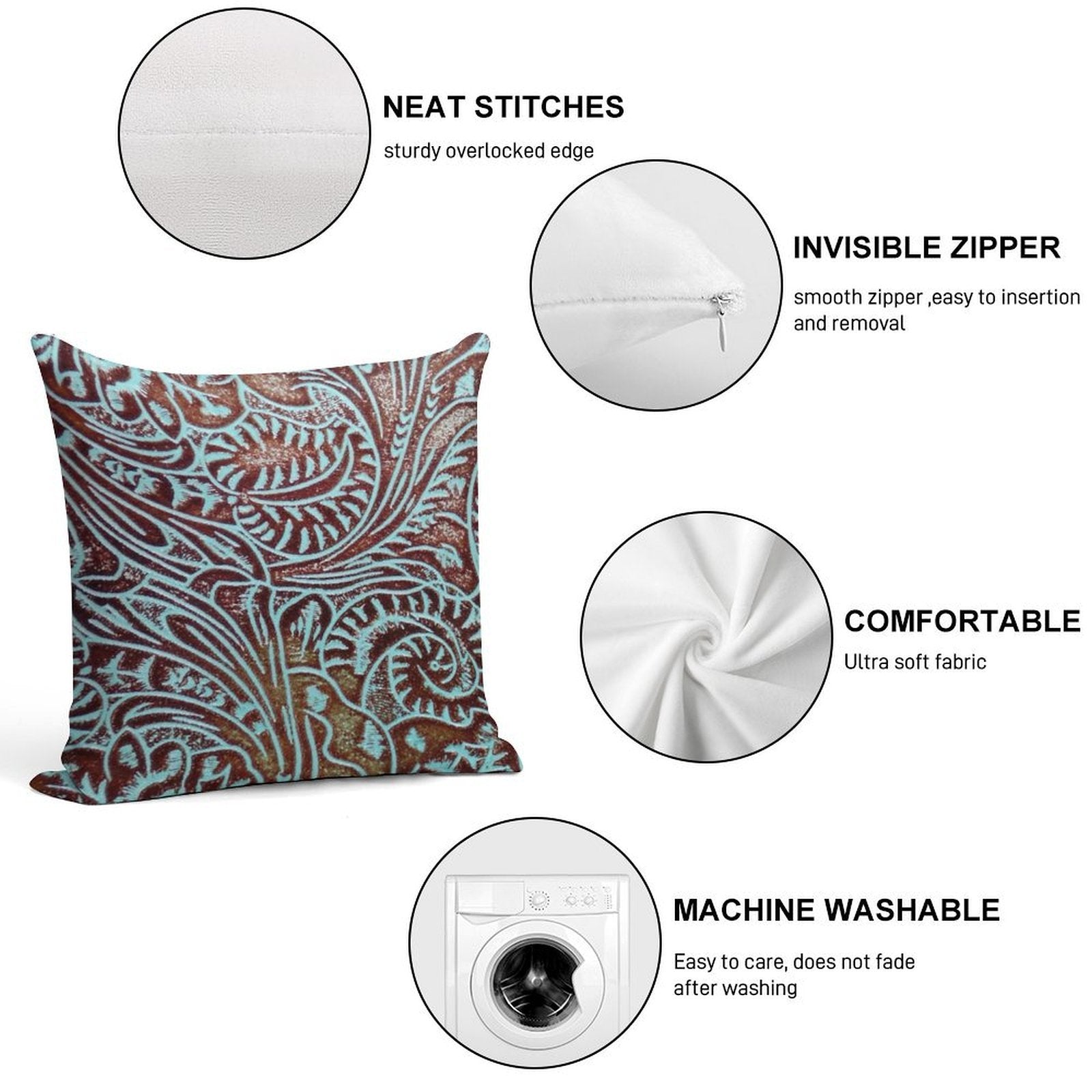 Aqua Brown Tooled Leather Pattern Soft Short Plush Fabric Throw Pillow