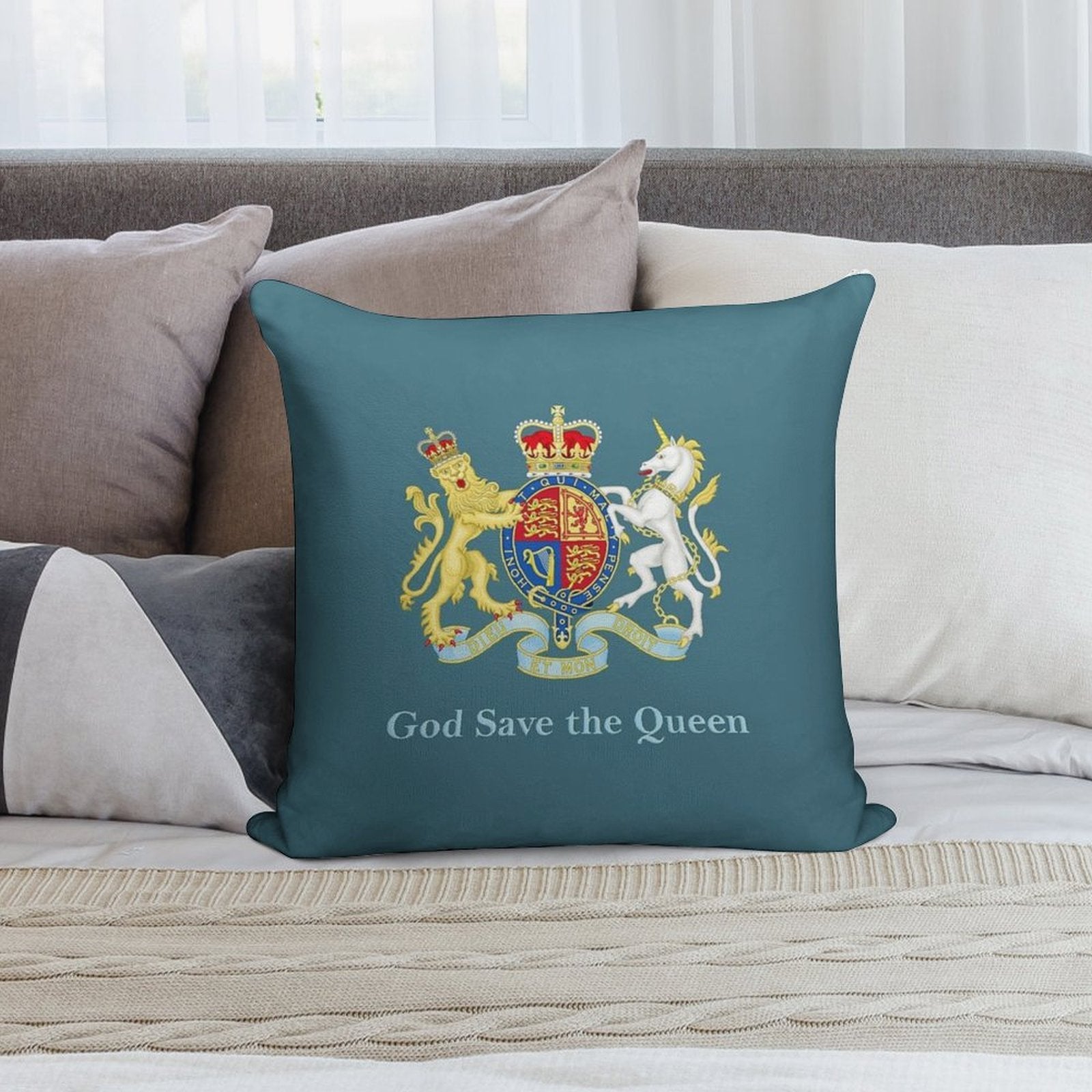 Royal Coat of Arms, Queen Elizabeth, British Monarchy Soft Gift Ready Throw Pillow
