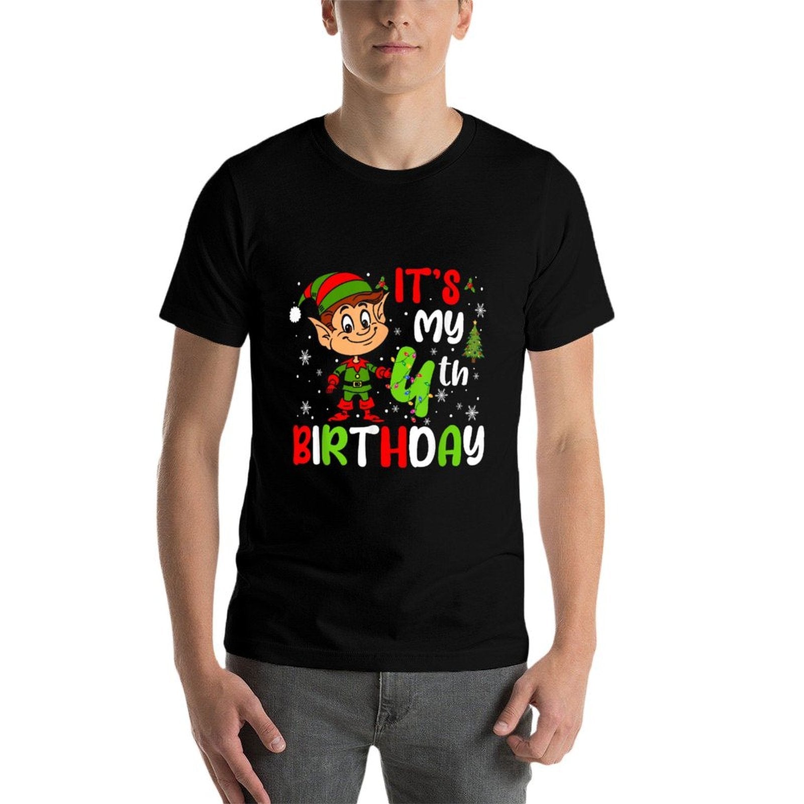 Its My 4th Birthday Christmas Elf 4 Years Old Birthday  Ribbed Collar T-Shirt
