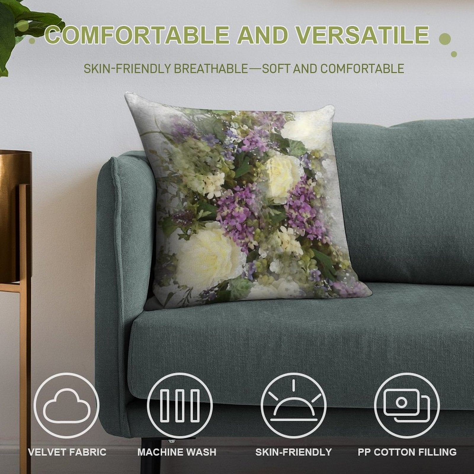 All Kinds of Lovely- A Watercolour Floral Bouquet of Cream Roses And Purple Flowers Soft Multiple Sizes Throw Pillow
