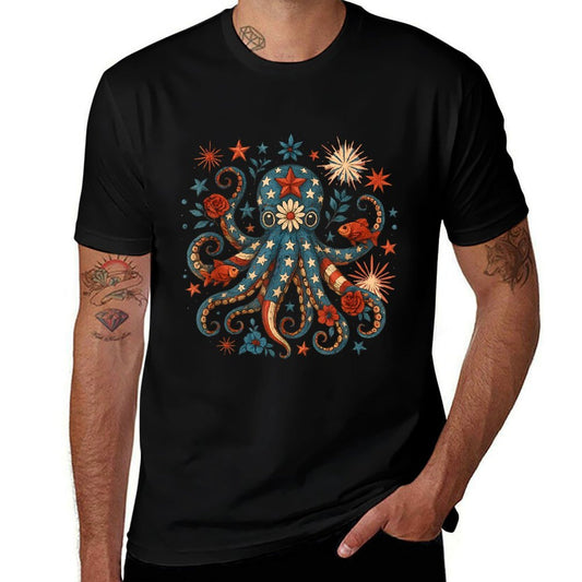 Vintage Floral Octopus Patriotic 4th of July Fireworks USA  Stretchy T-Shirt