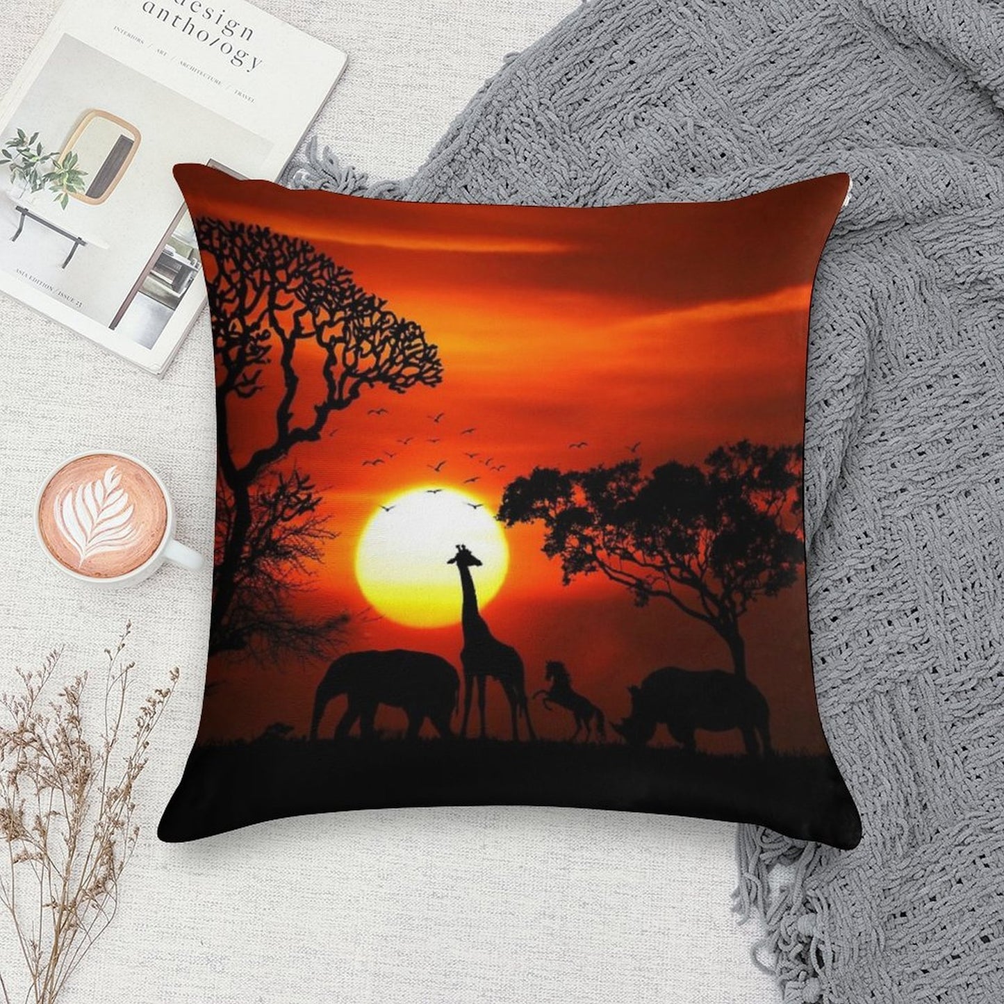 Wild Animals on African Savanna Sunset Soft Home Decor Throw Pillow