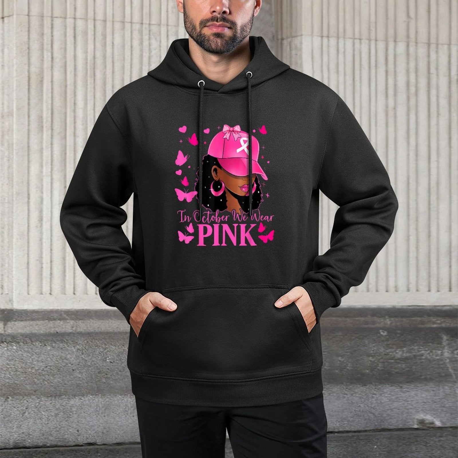 in October We Wear Pink Black Women Breast Cancer Awareness Cotton-Polyester Blend Hoodie
