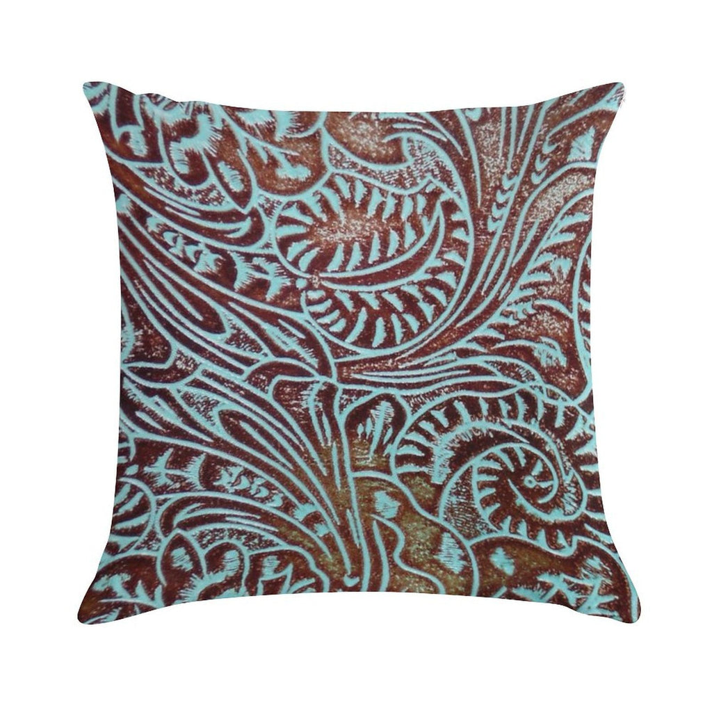 Aqua Brown Tooled Leather Pattern Soft Short Plush Fabric Throw Pillow