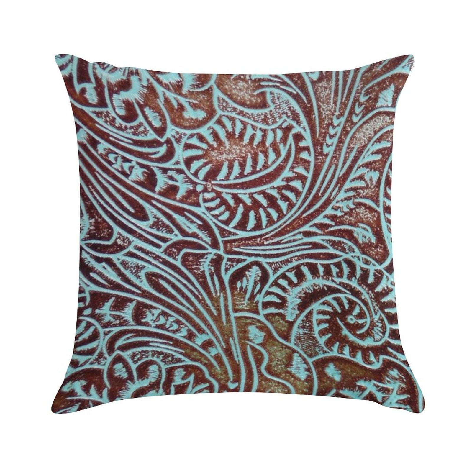 Aqua Brown Tooled Leather Pattern Soft Short Plush Fabric Throw Pillow