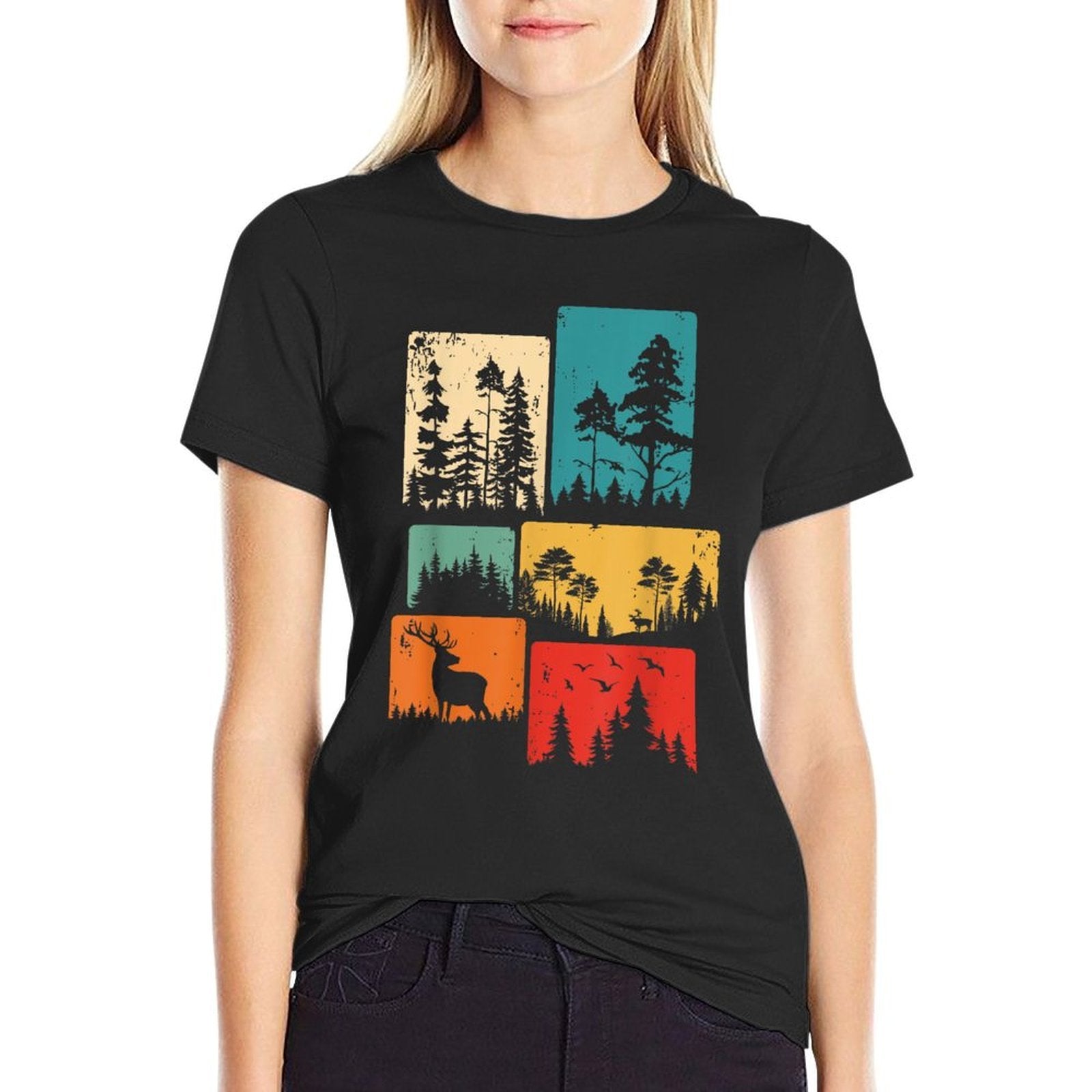 Trees Wildlife Nature Outdoor Vintage Forest  Ribbed Collar T-Shirt