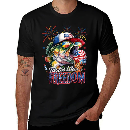 Tastes Like Freedom Bass Fishing Funny 4th of July Men Kids  Easy-care T-Shirt