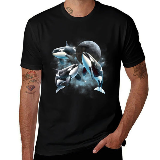Three Orcas Howling The Moon Vintage 90s Sea Animal Moon  Trendy Pattern T-Shirt