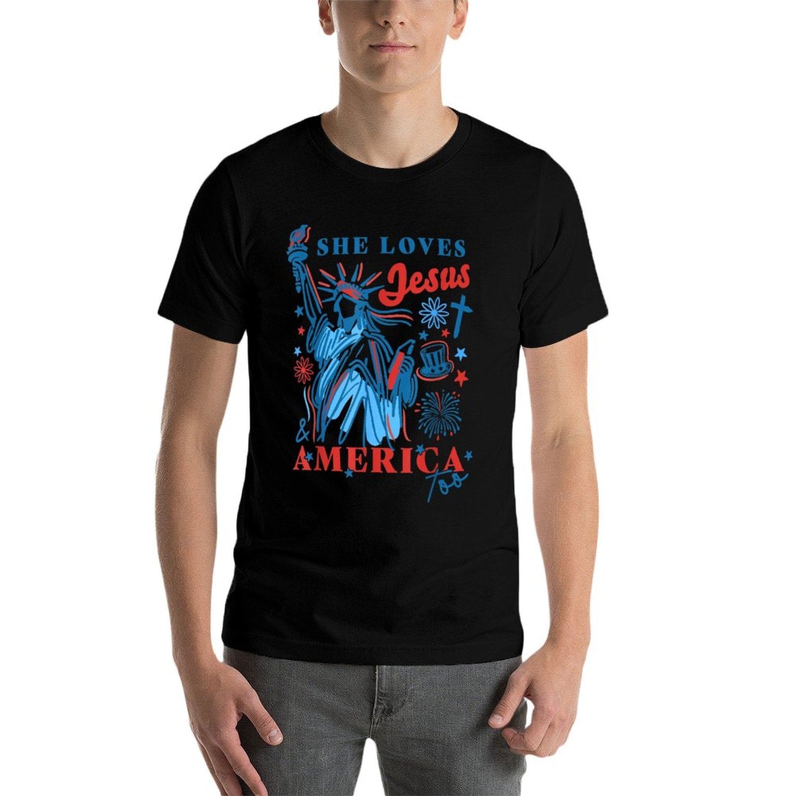 She Loves Jesus And America Too Statue Of Liberty 4th July  Oversized Silhouette T-Shirt