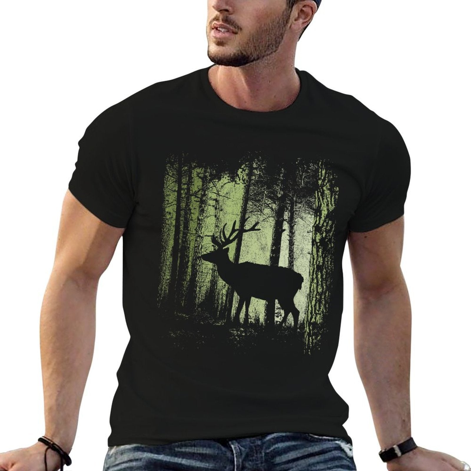 Twilight Forest Wildlife Deer Stag Silhouette  Rolled Sleeves T-Shirt