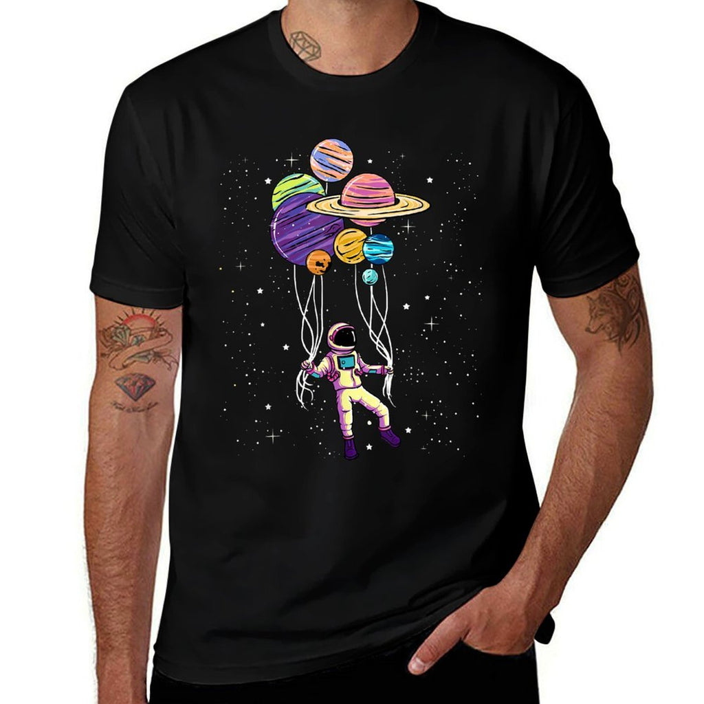 Astronaut Holding Planet Balloons Tshirt BoysGirls STEM Kids  Wrinkle-resistant T-Shirt