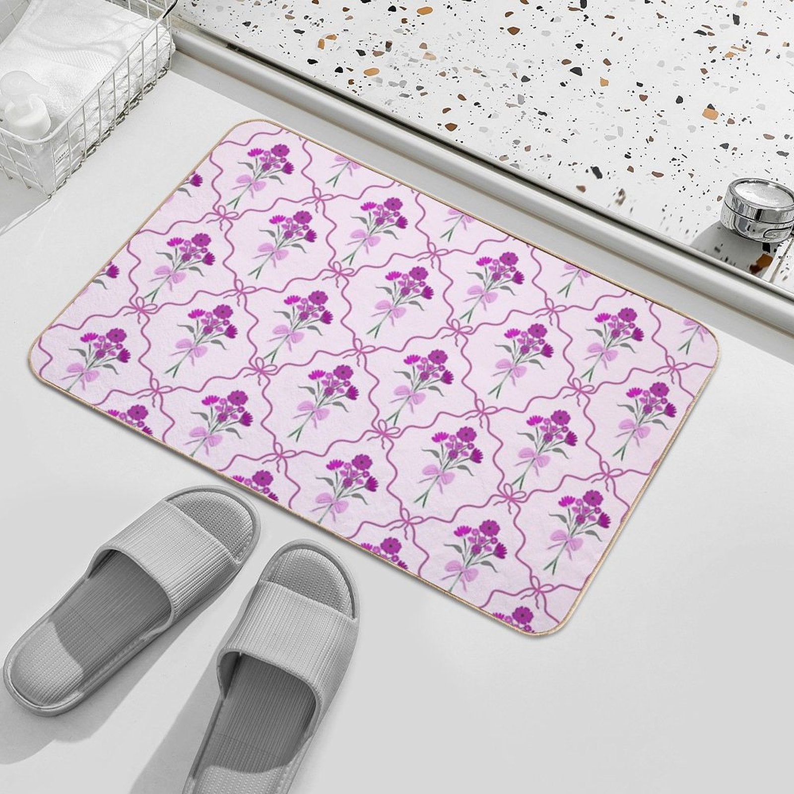 Pink Purple Flowers Branches on Pink Bakground  Rapid-Drying Bath Mat