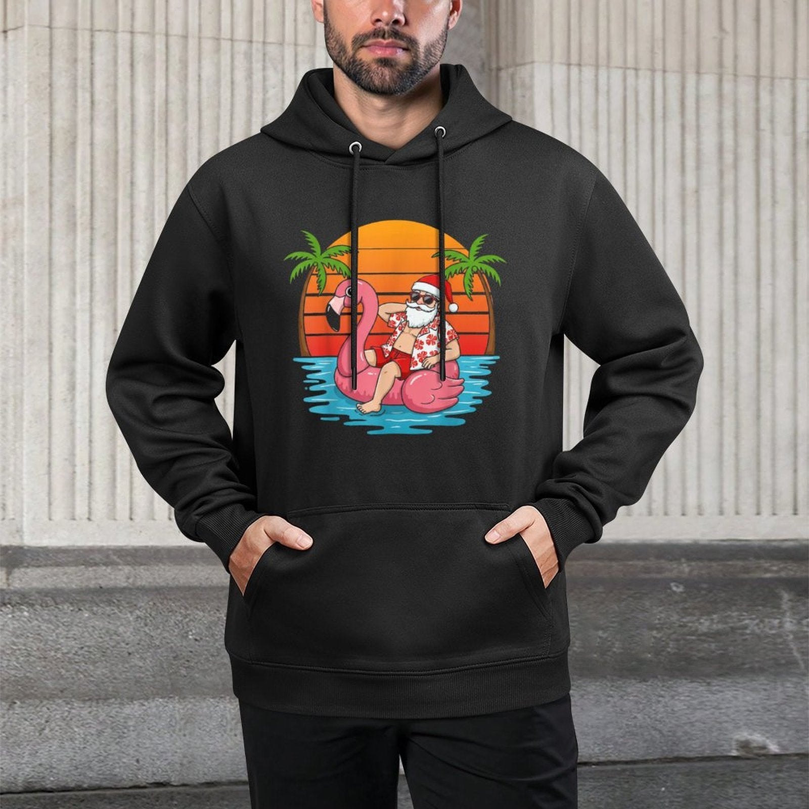 Funny Christmas in July Flamingo Santa Colorfast Hoodie