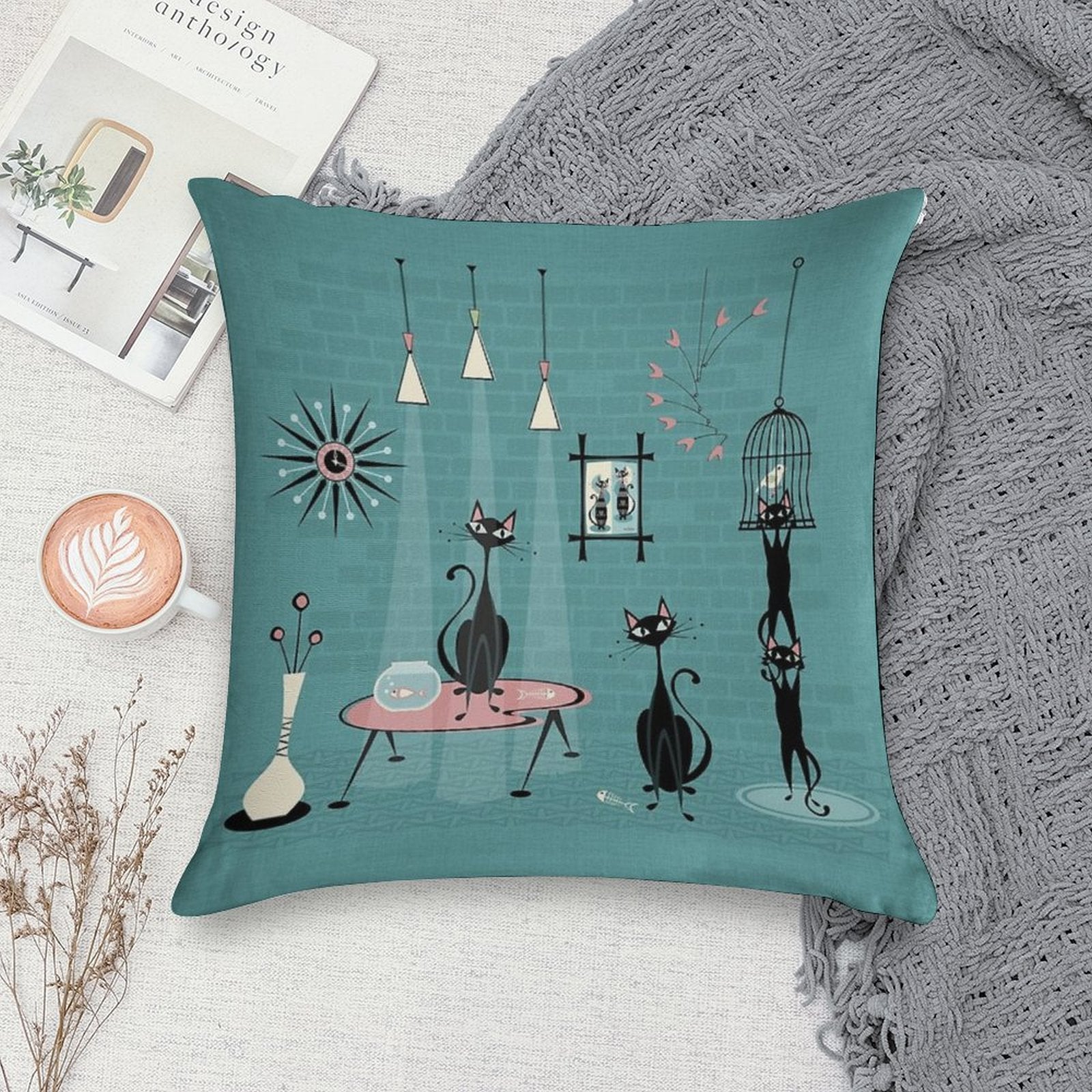 Mid Century Kitty Mischief III ©studioxtine Soft Warmth Comfort Throw Pillow