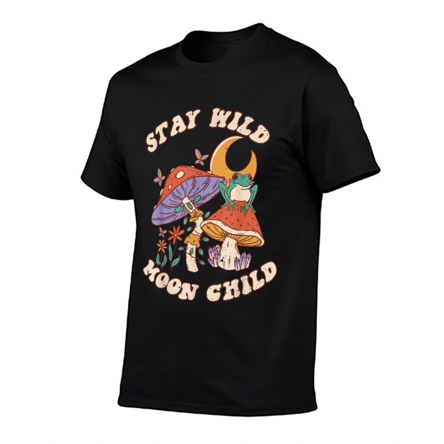 Vintage Retro Stay Wild Moon Child Frog Mushroom Hippie  Rolled Sleeves T-Shirt