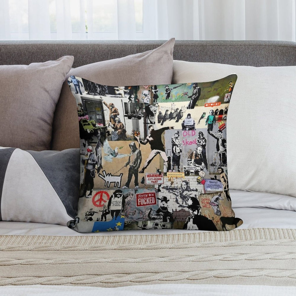 Banksy Collage Soft Washable Throw Pillow