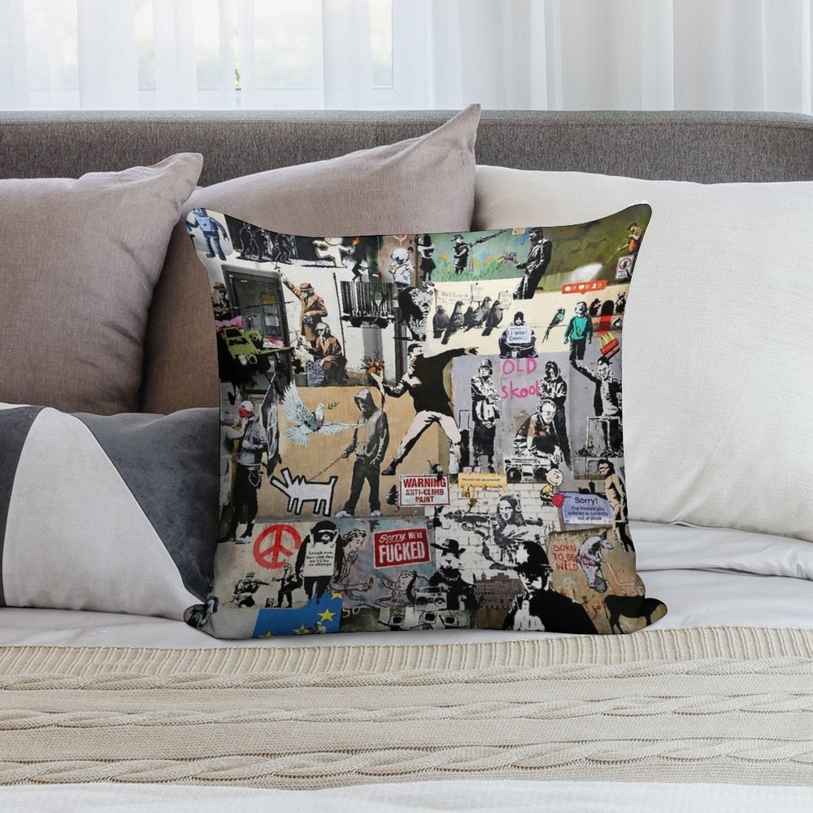 Banksy Collage Soft Washable Throw Pillow