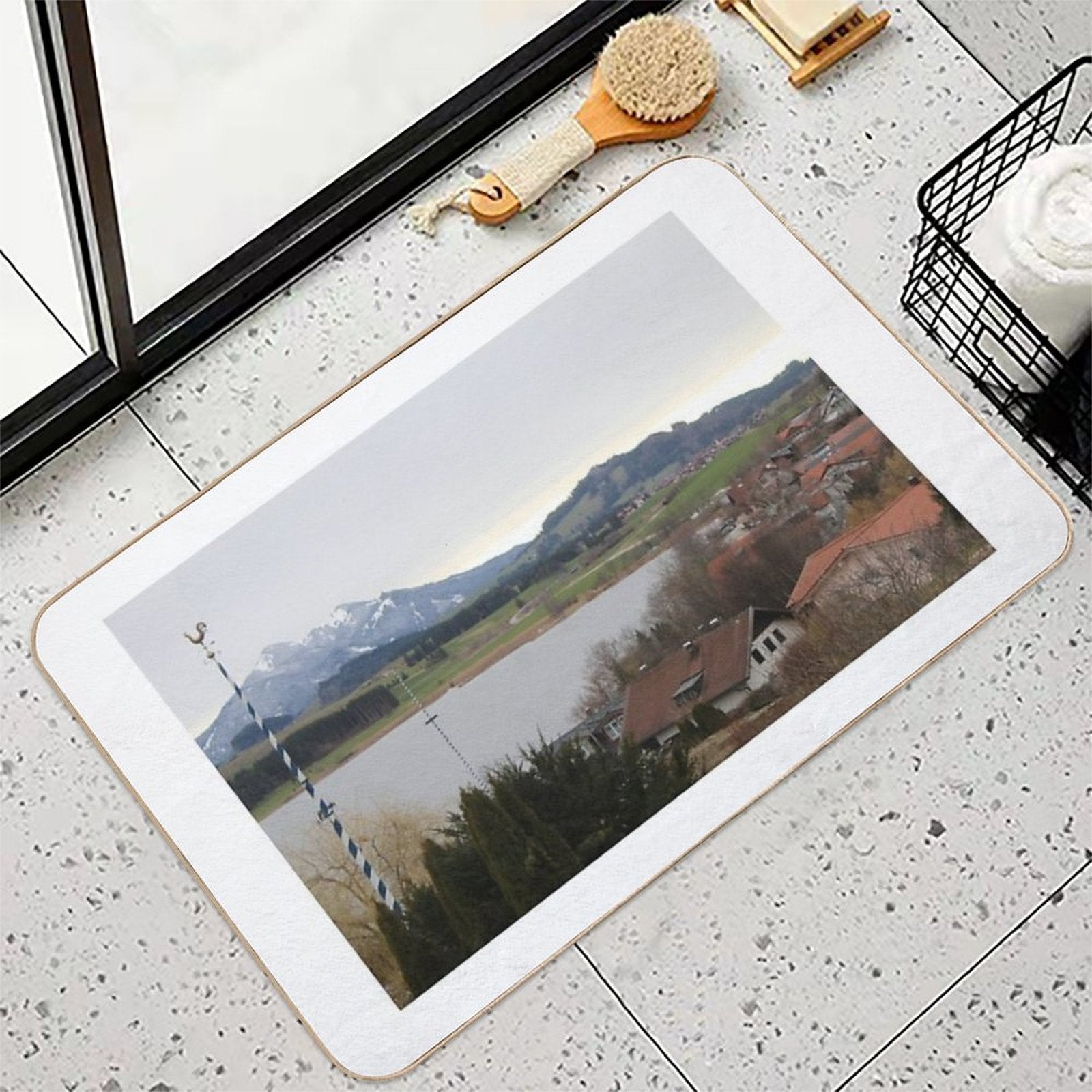 Beautiful Scene with Houses, A Lake And The Alps (in Füßen, Germany)  Easy To Clean Bath Mat