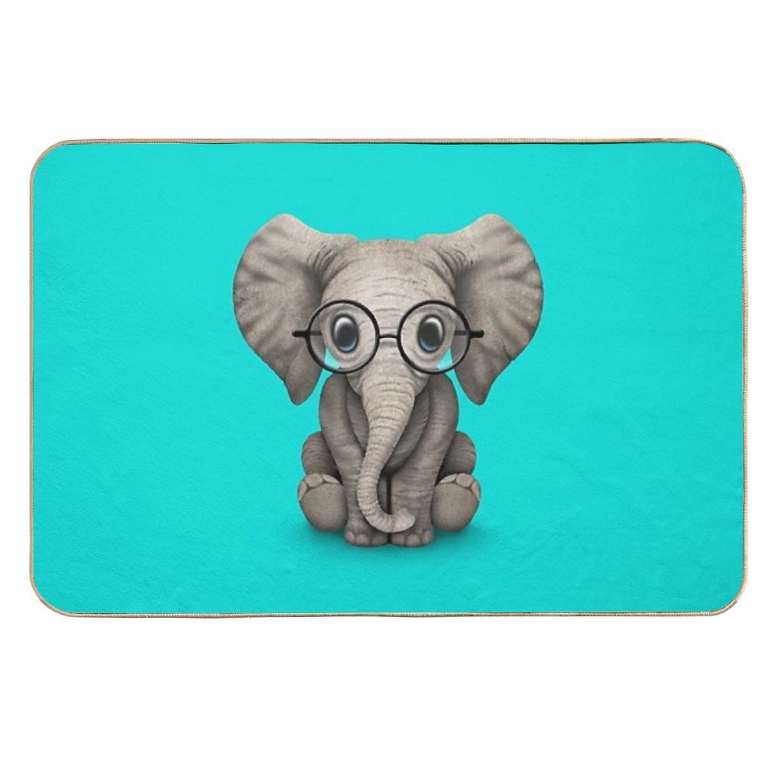 Cute Baby Elephant Calf with Reading Glasses on Blue  Dirt-Trapping Bath Mat