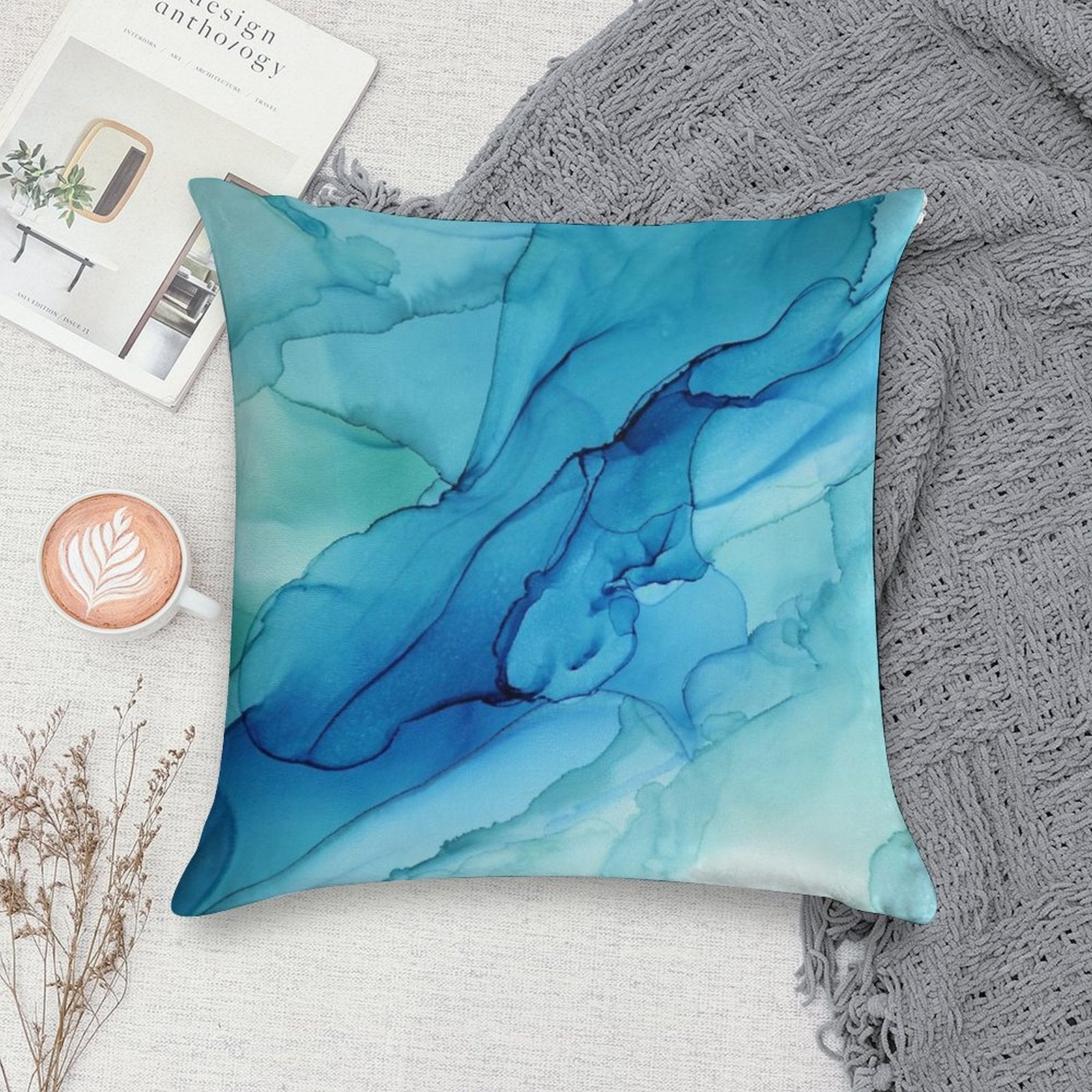 Blue Emerald Water Ombre Abstract Ink Soft Home Decor Throw Pillow