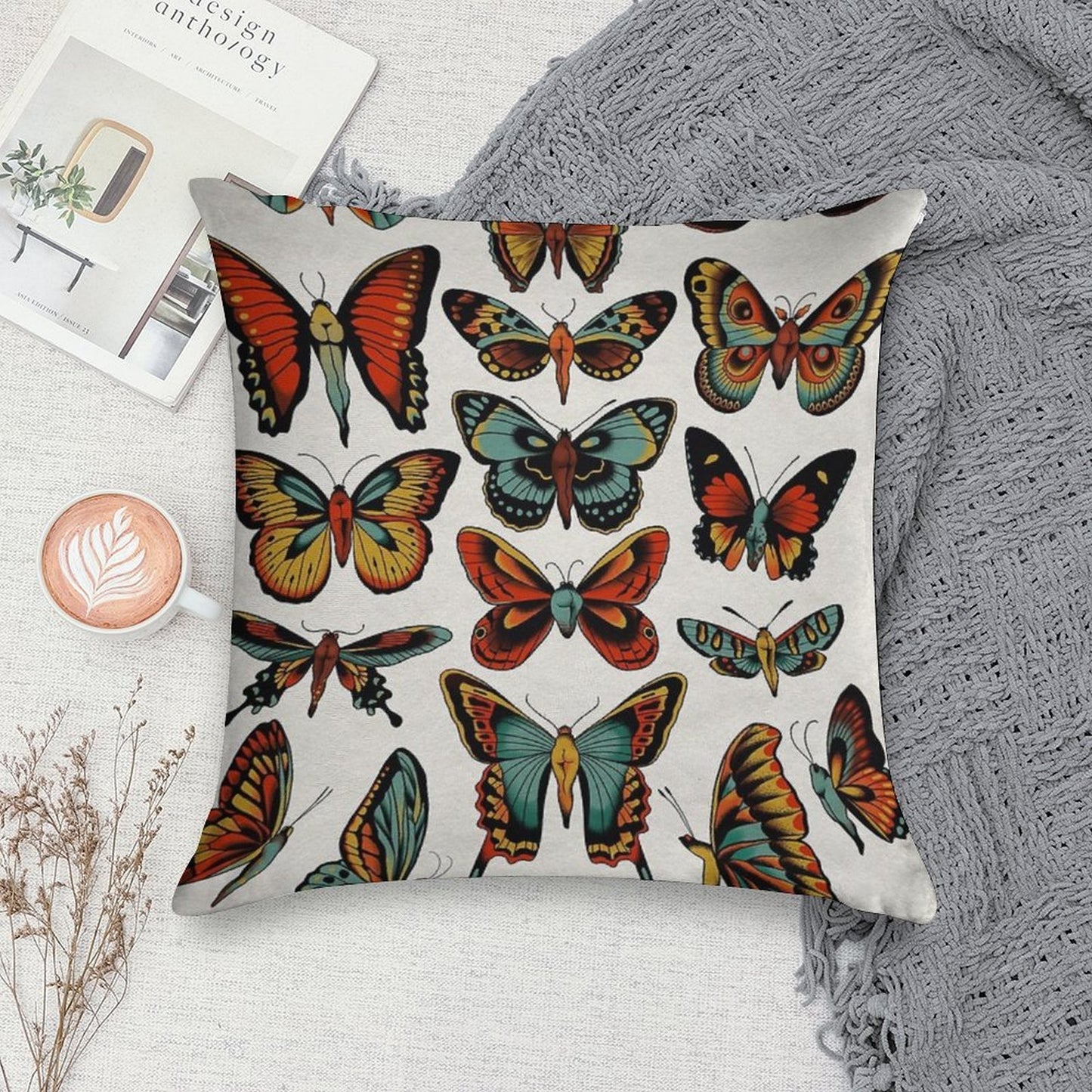 Butterflies Traditional Tattoo Flash Soft Fade-Resistant Throw Pillow
