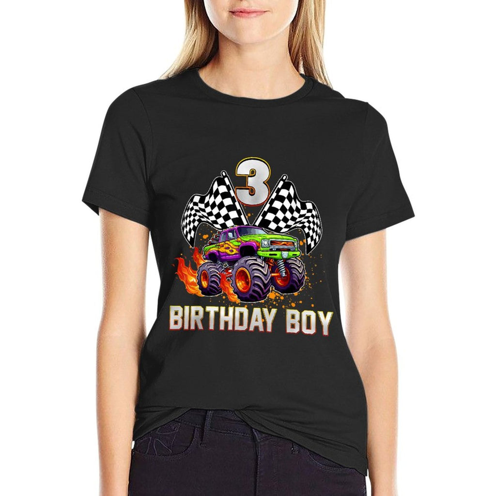 Birthday Monster Truck 3 Year Old Boys 3rd Party Matching  Rolled Sleeves T-Shirt