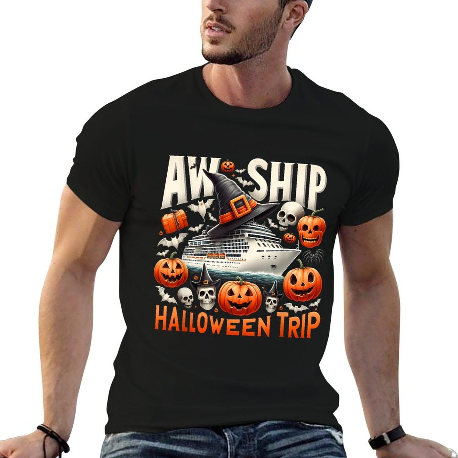 Aw Ship Halloween Trip Happy Halloween Spooky Pumpkin Cruise  Oversized Silhouette T-Shirt