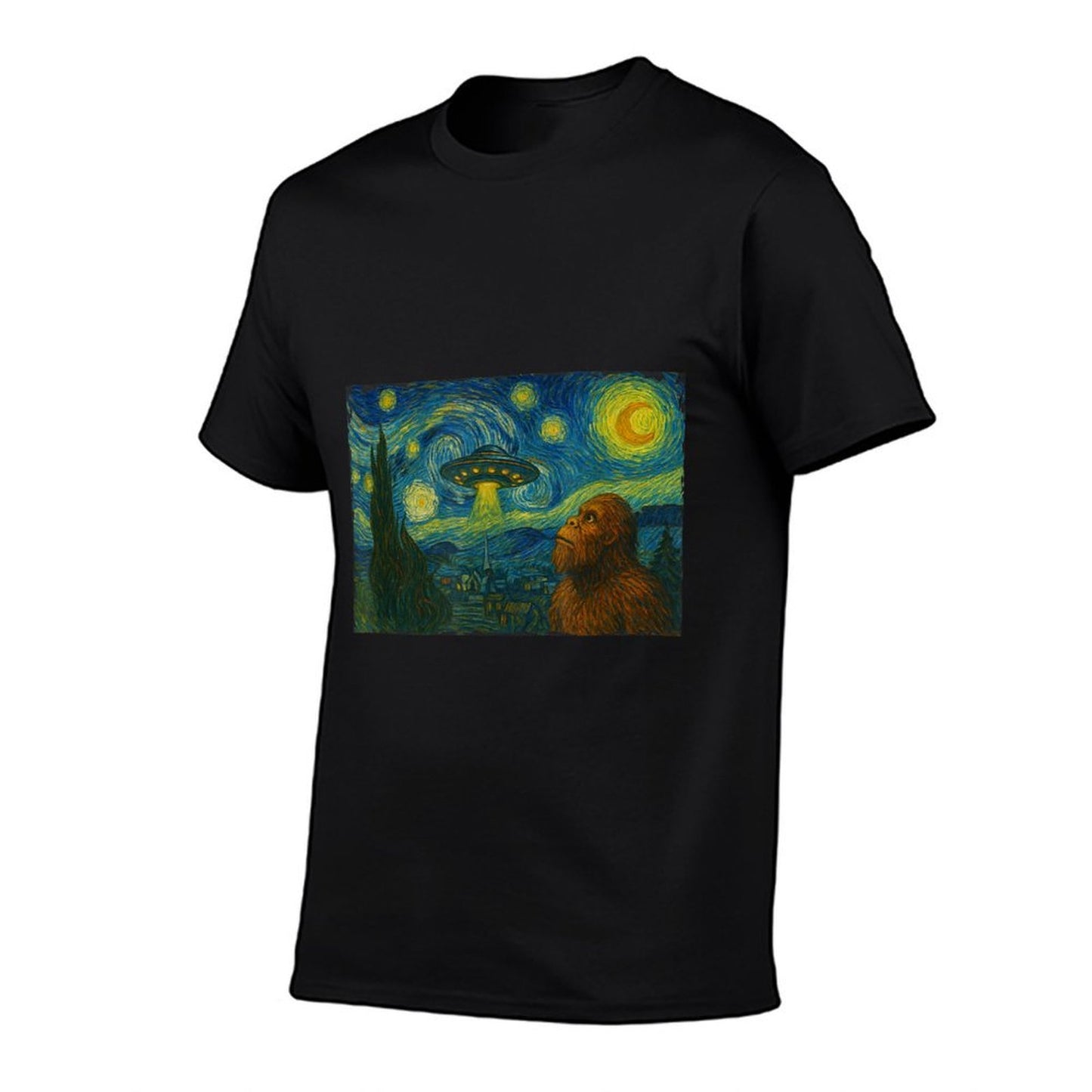 Starry Night UFO Bigfoot Funny Sci-Fi Van Gogh Painting  Ribbed Collar T-Shirt