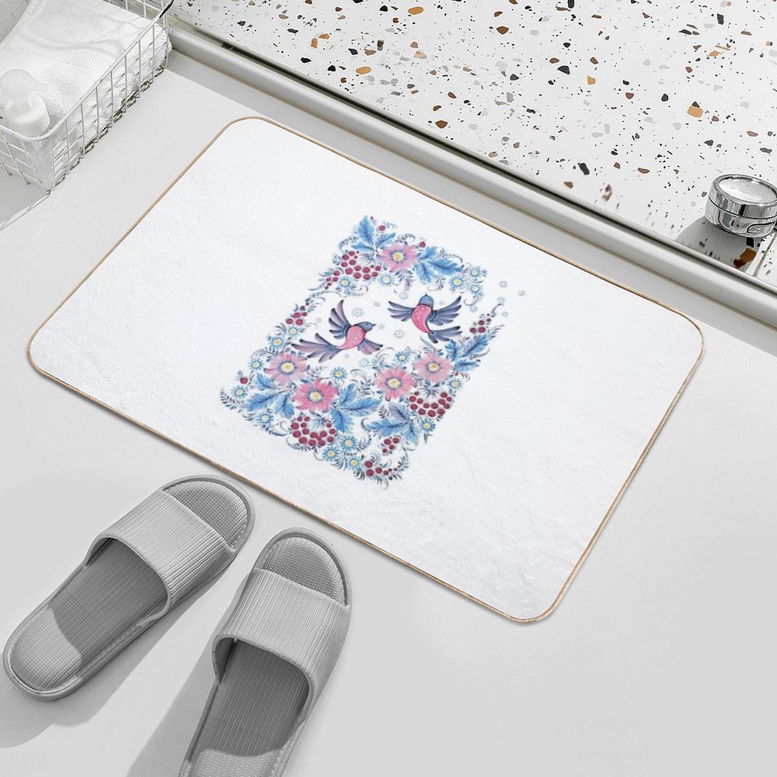 Lovebirds in Petrykivka Floral Garden  Eco-Friendly Bath Mat