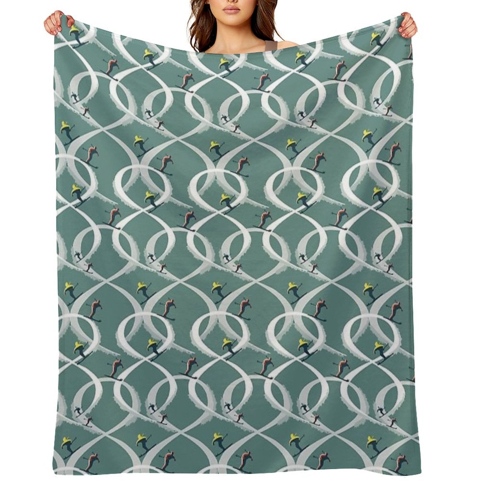 Mid Century Figure 8 Skiers in Retro Style on Teal Shrink-resistant Throw Blanket