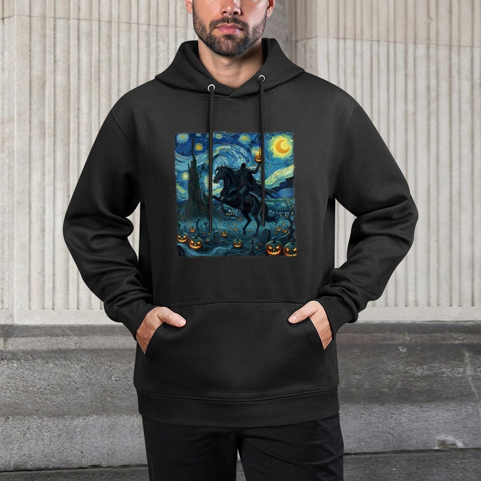 Scary Pumpkin Headless Horseman Halloween Starry Night Cotton-Polyester Blend Hoodie