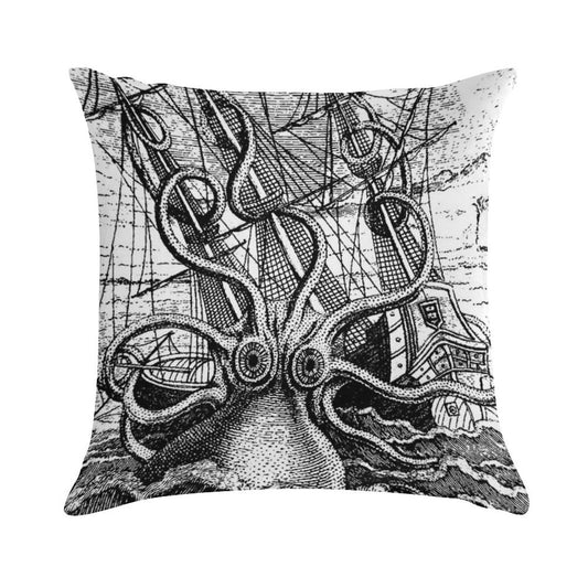 Vintage Kraken Attacking Ship Illustration Soft Short Plush Fabric Throw Pillow