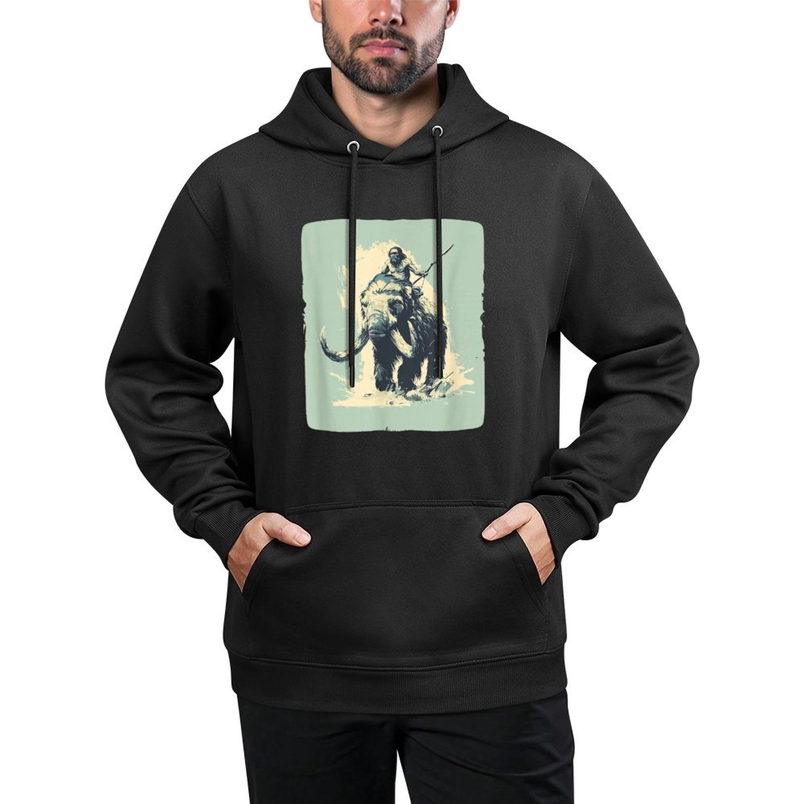 Cool Neanderthal Riding Mammoth in Cold Colors Costume Layering Staple Hoodie