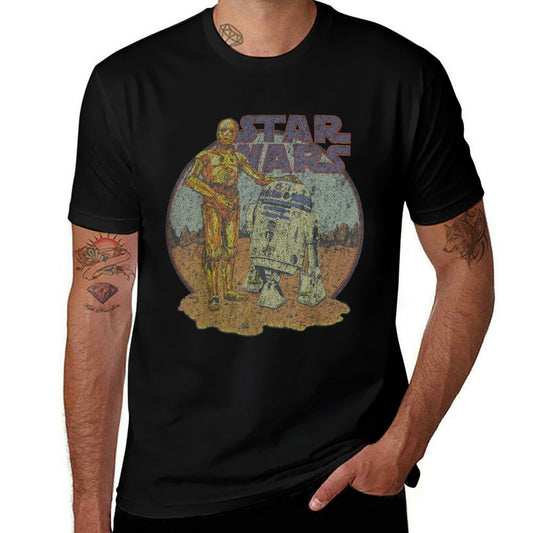 Star Wars R2-D2  C-3PO Distressed Portrait  Ribbed Collar T-Shirt