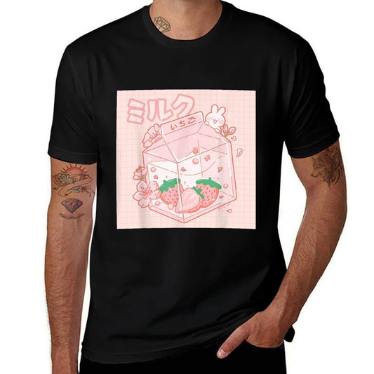 Strawberry Milk Bunny Japanese Kawaii Anime Aesthetic Pink  Heathered Texture T-Shirt