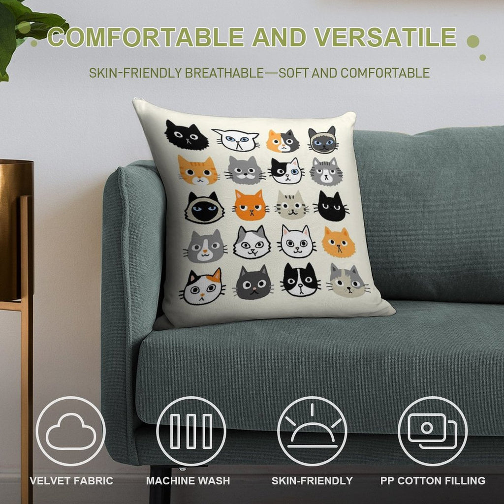 Assorted Cat Faces  Cute Quirky Kitty Cat Drawings Soft Luxury Feel Throw Pillow