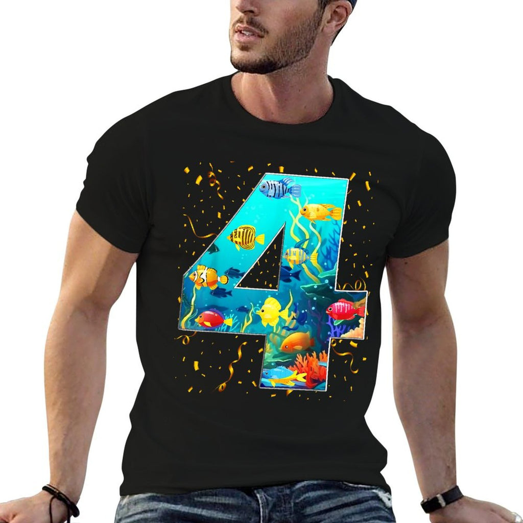 4th Birthday Party 4 Year Old Sea Fish Aquarium Birthday Boy  Wrinkle-resistant T-Shirt
