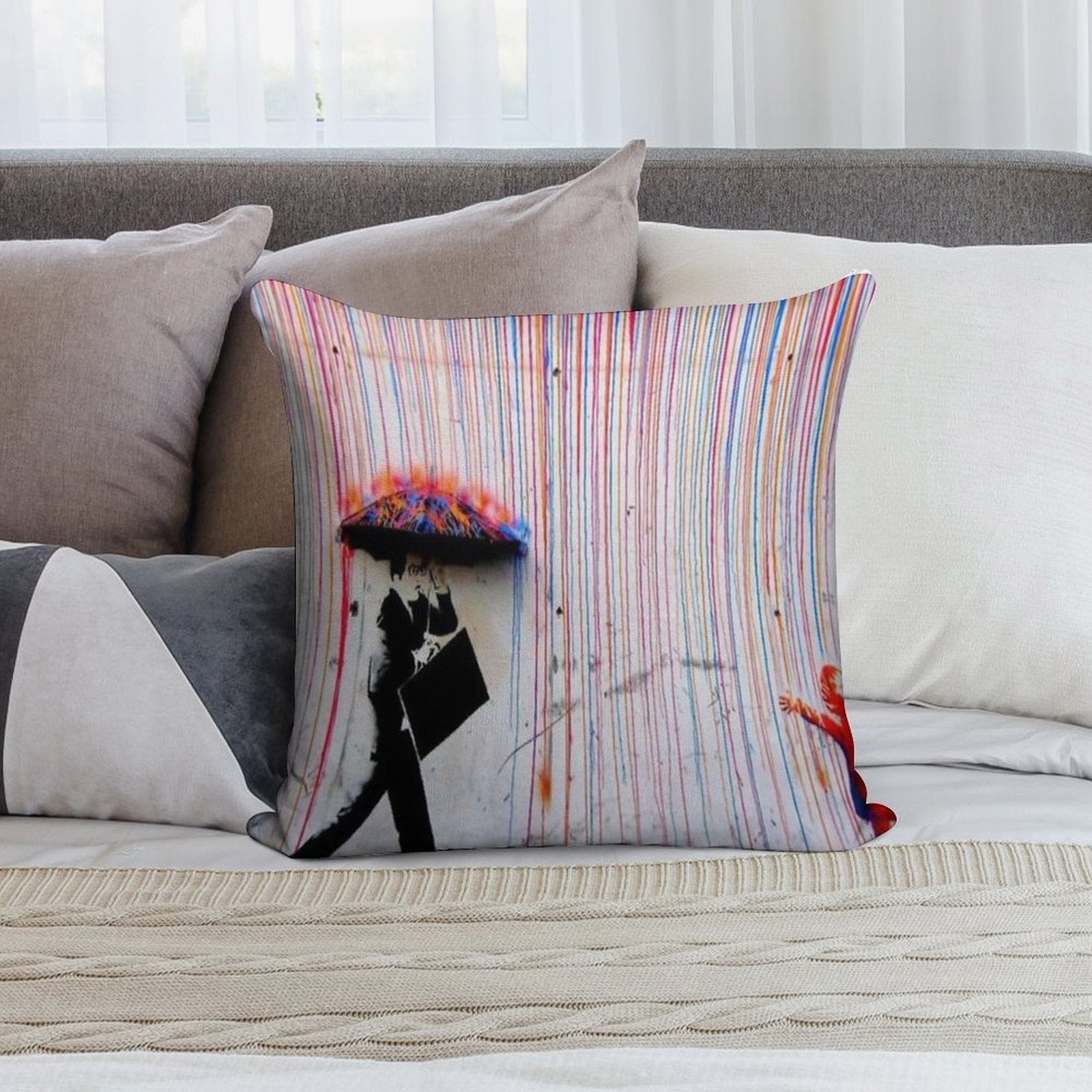 Banksy Rainbow Rain Soft Style Accent Throw Pillow