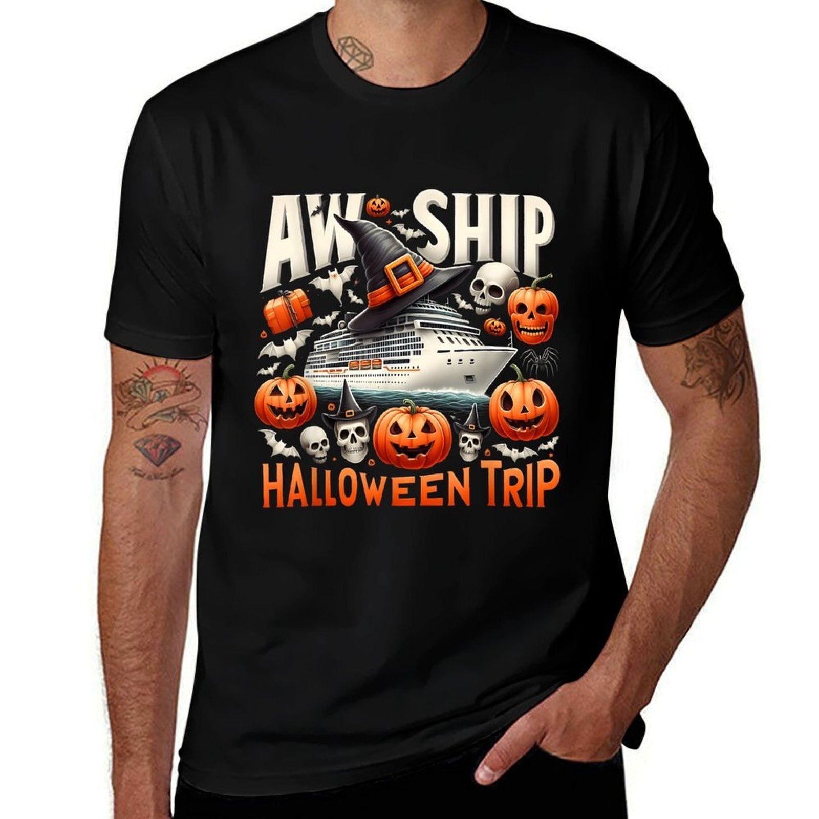 Aw Ship Halloween Trip Happy Halloween Spooky Pumpkin Cruise  Oversized Silhouette T-Shirt