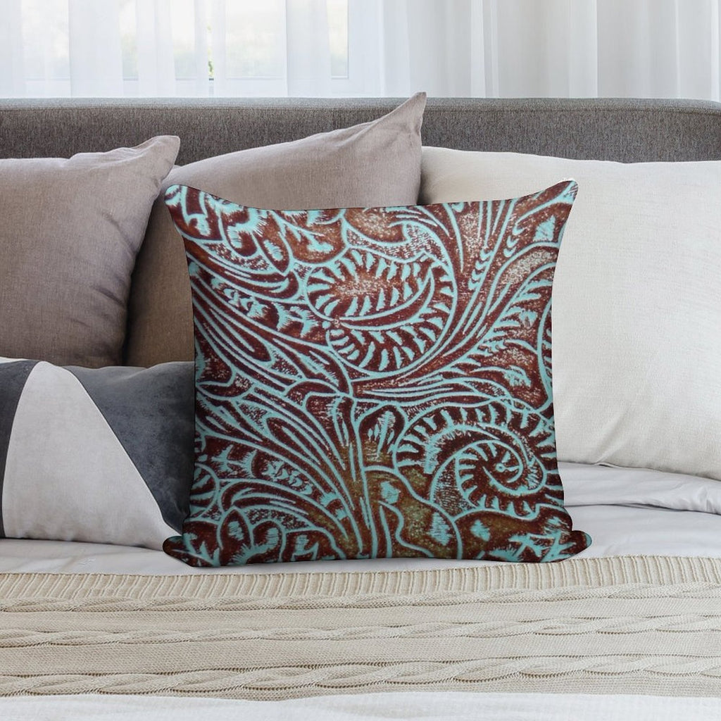 Aqua Brown Tooled Leather Pattern Soft Short Plush Fabric Throw Pillow