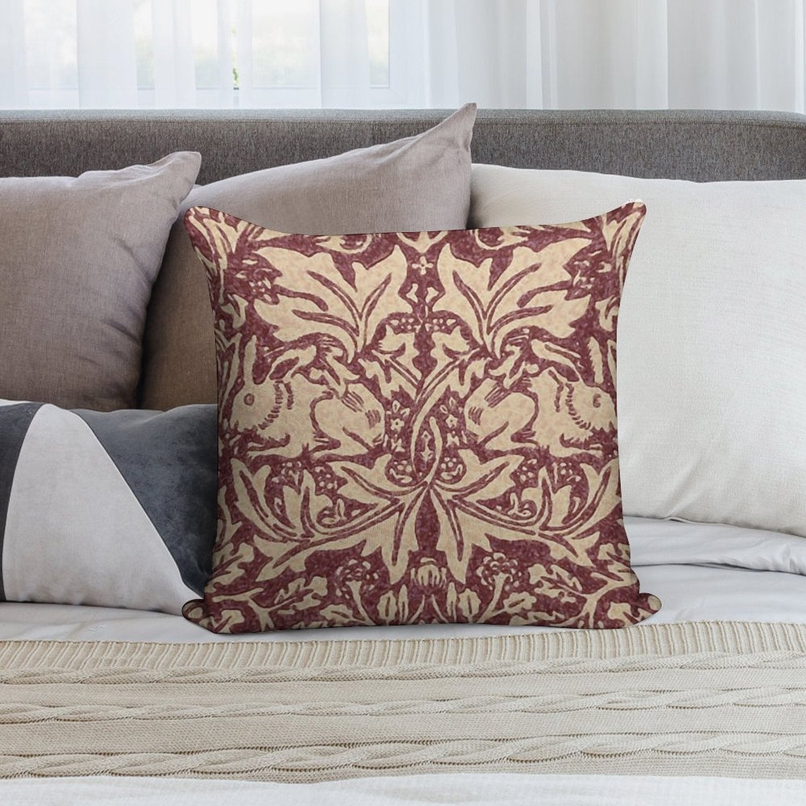 William Morris Brer Rabbit (burgundy) Pattern Soft Warmth Comfort Throw Pillow