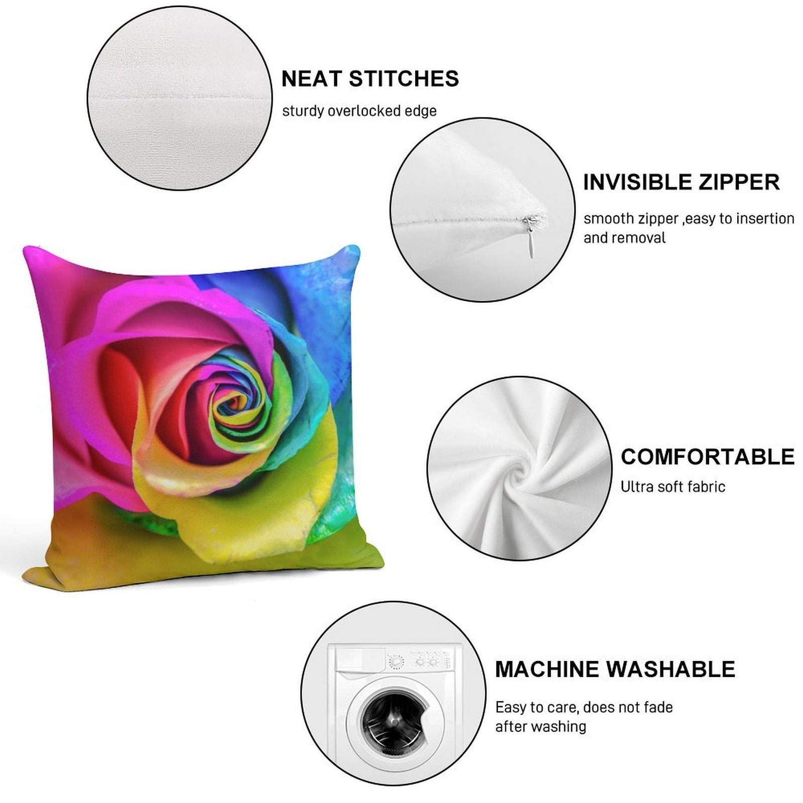 Rainbow Rose Soft Short Plush Fabric Throw Pillow