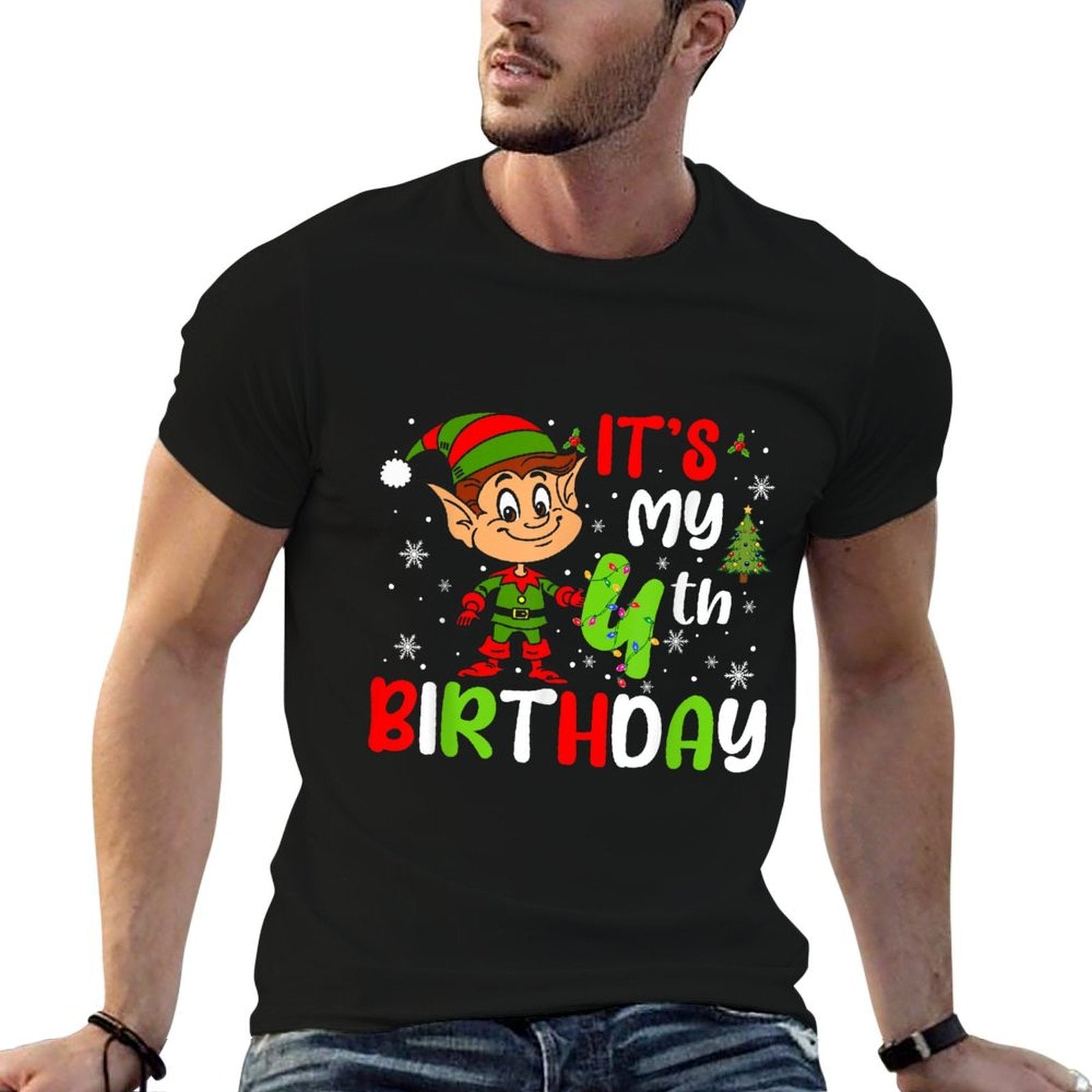 Its My 4th Birthday Christmas Elf 4 Years Old Birthday  Ribbed Collar T-Shirt